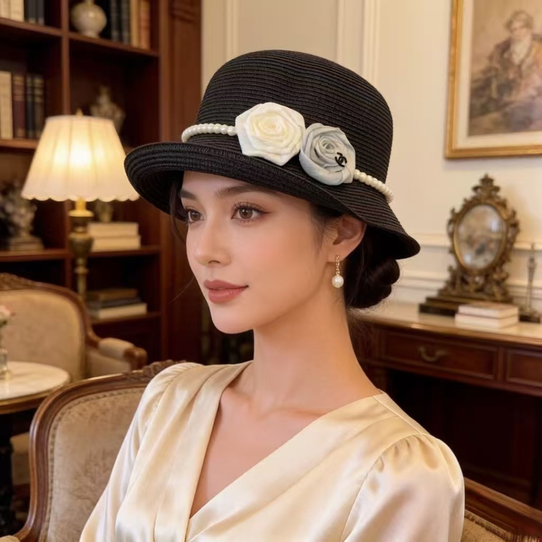 Chanel Chanel香奈儿新款珍珠链盆帽草帽，小清新，头围57cm