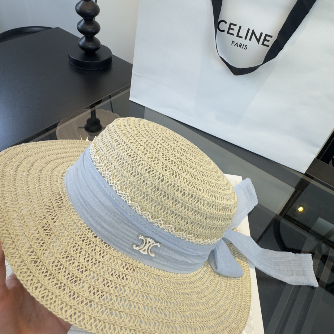 Celine Celine赛琳新款平顶草帽，日本纸草制作，头围57cm