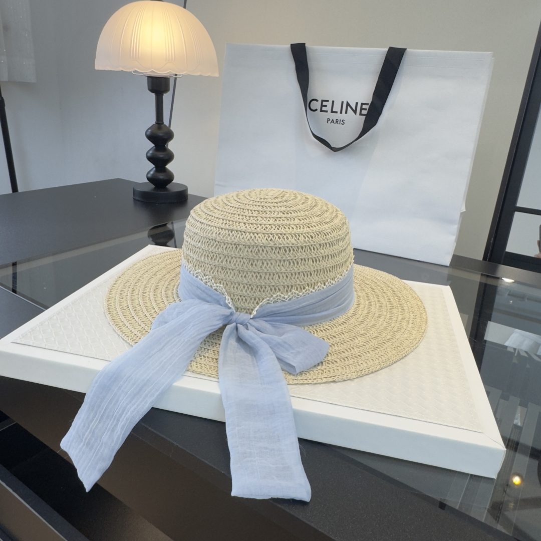 Celine Celine赛琳新款平顶草帽，日本纸草制作，头围57cm