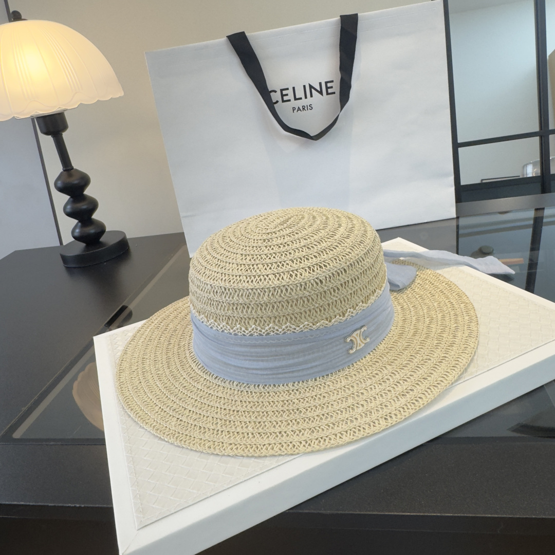 Celine Celine赛琳新款平顶草帽，日本纸草制作，头围57cm