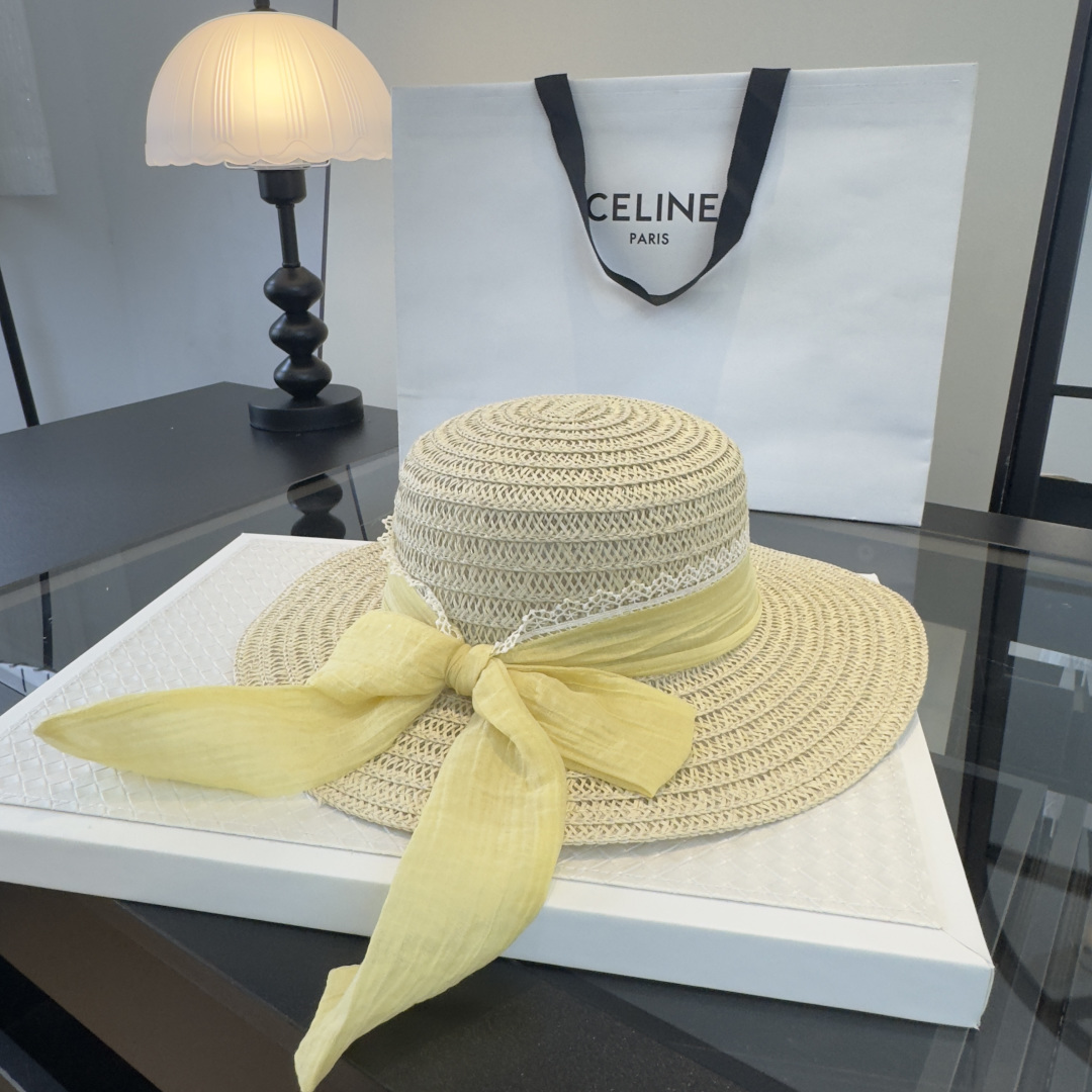 Celine Celine赛琳新款平顶草帽，日本纸草制作，头围57cm
