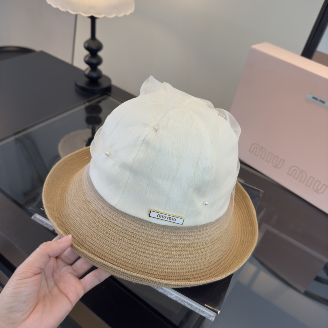 Pmiumiu缪缪新款台湾PP草拼接网纱，高端名媛风范，头围57cm，可折叠