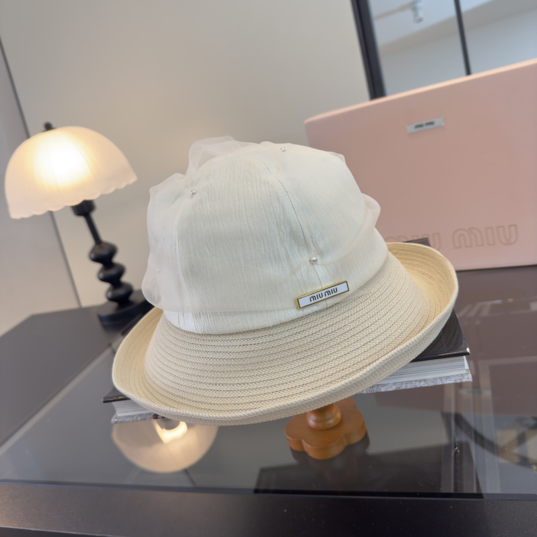Pmiumiu缪缪新款台湾PP草拼接网纱，高端名媛风范，头围57cm，可折叠
