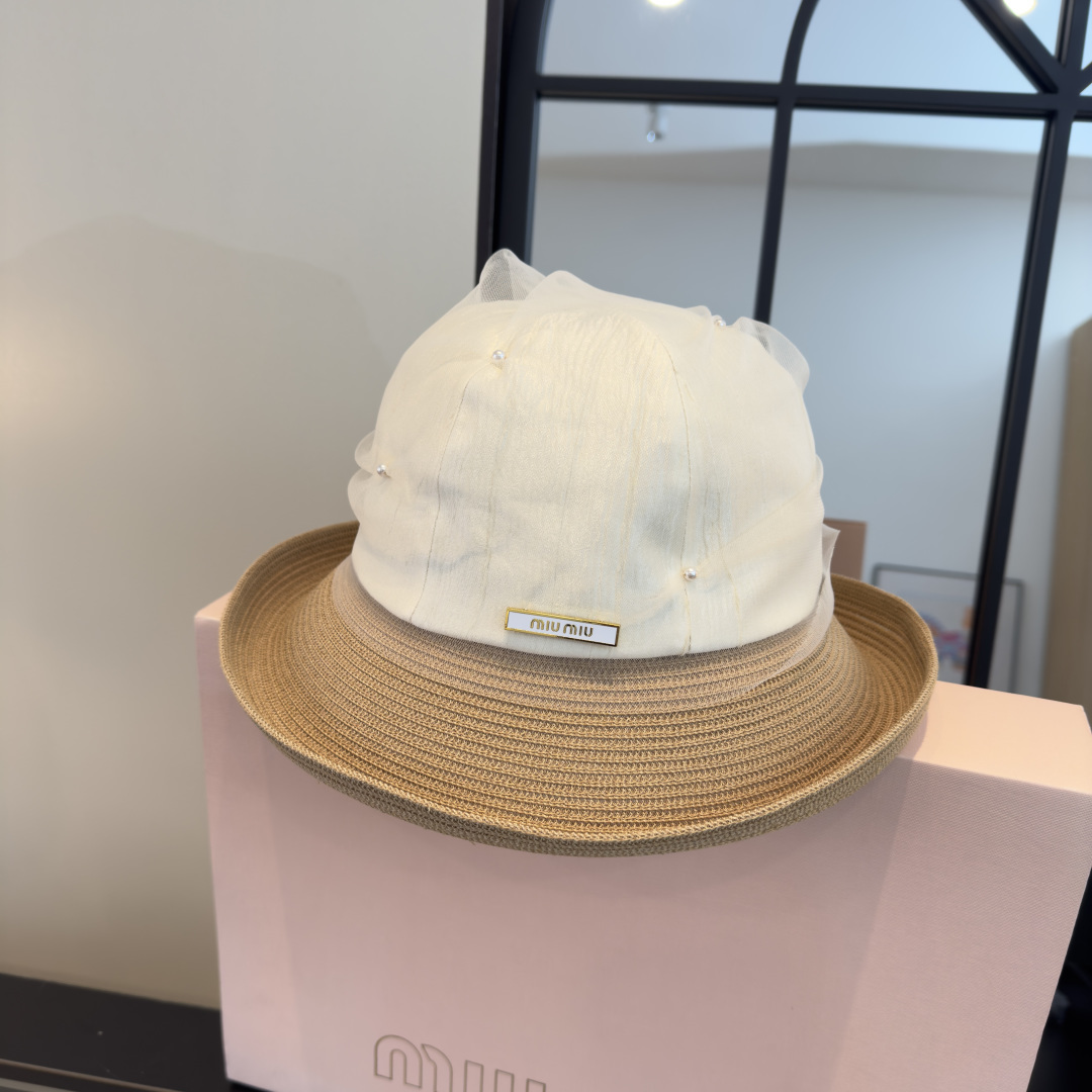 Pmiumiu缪缪新款台湾PP草拼接网纱，高端名媛风范，头围57cm，可折叠