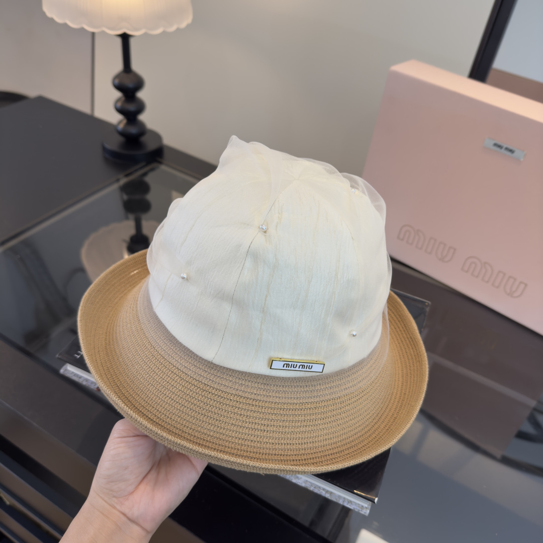 Pmiumiu缪缪新款台湾PP草拼接网纱，高端名媛风范，头围57cm，可折叠