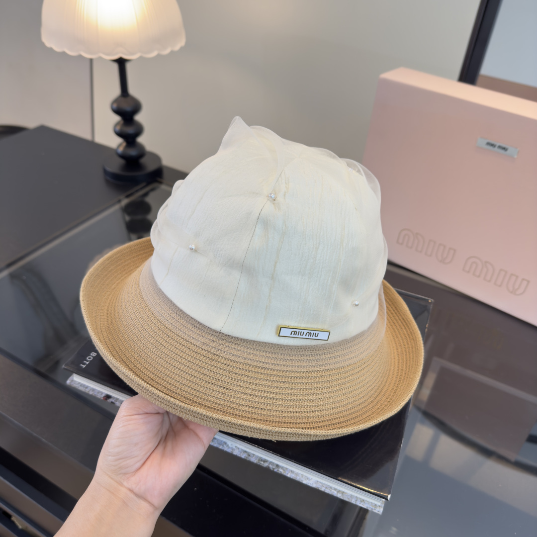 Pmiumiu缪缪新款台湾PP草拼接网纱，高端名媛风范，头围57cm，可折叠