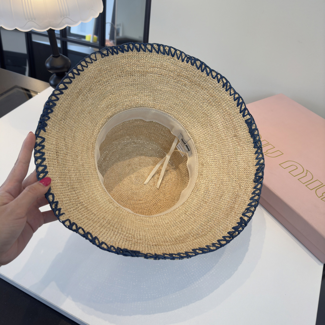 Pmiumiu缪缪新款拉菲草帽，纯手工编织，可折叠，头围57cm
