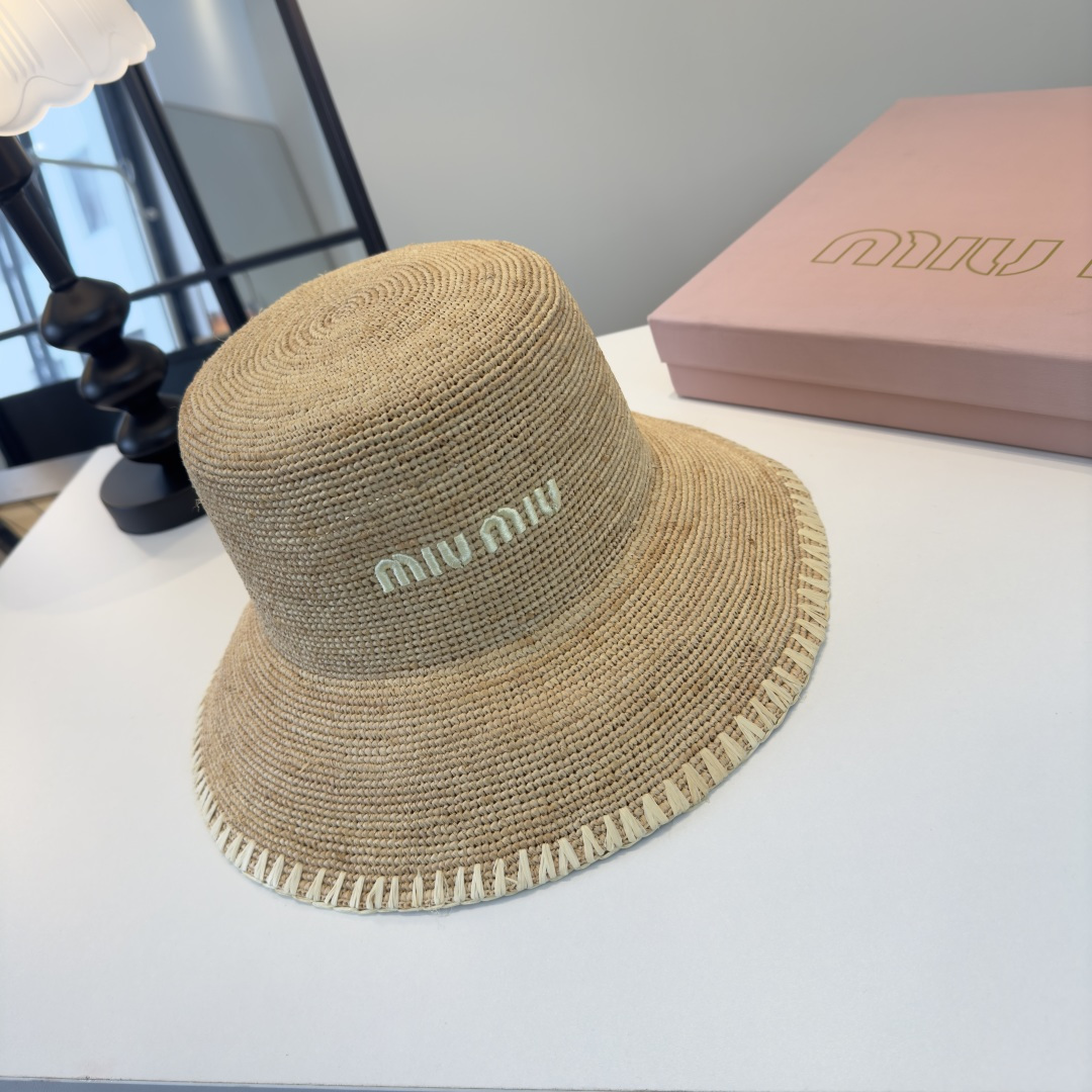 Pmiumiu缪缪新款拉菲草帽，纯手工编织，可折叠，头围57cm