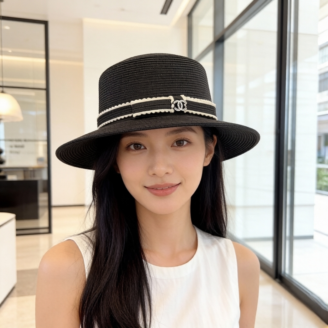 PChanel香奈儿 平顶礼帽，高端细草制作，头围57cm 出游搭衣必备
