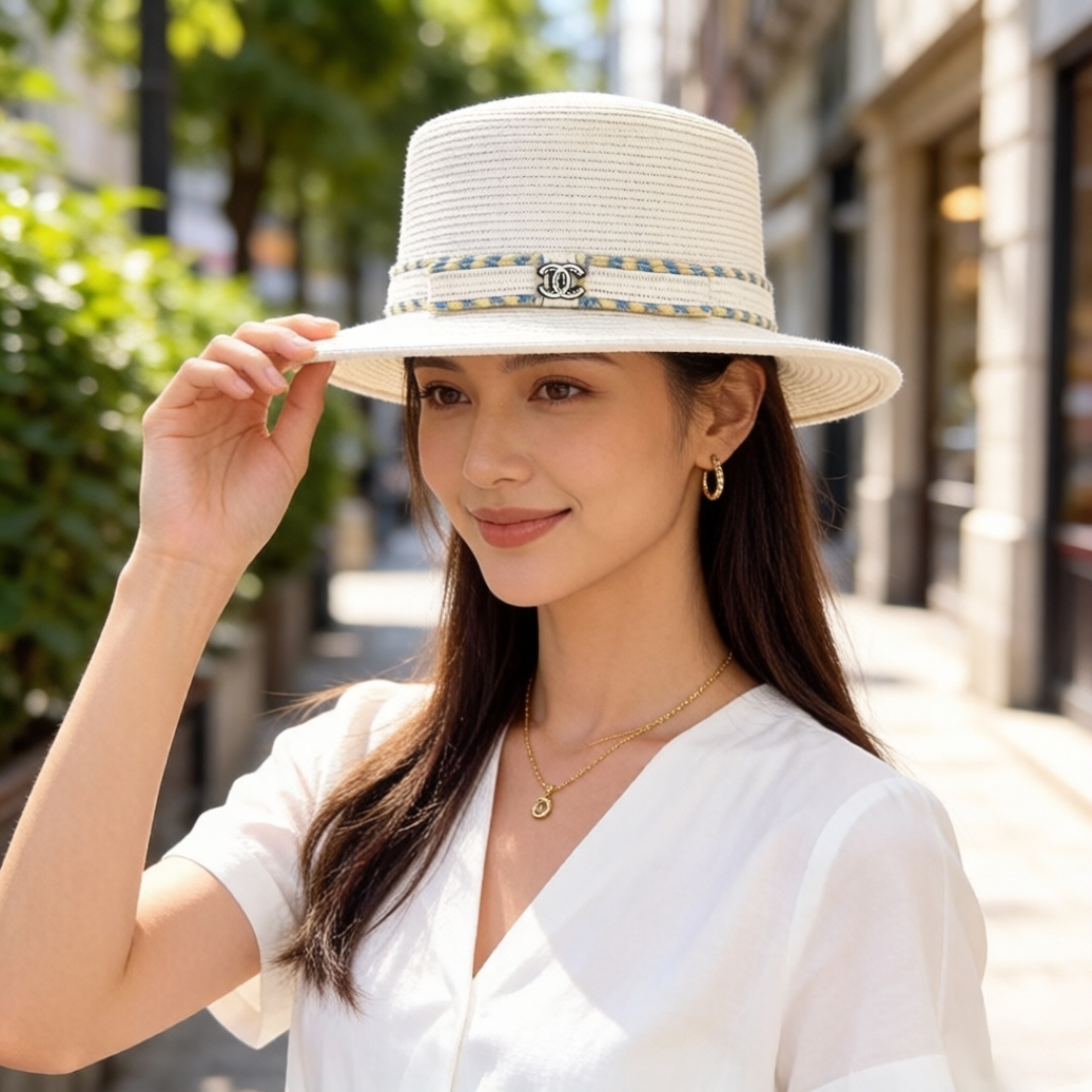 PChanel香奈儿 平顶礼帽，高端细草制作，头围57cm 出游搭衣必备