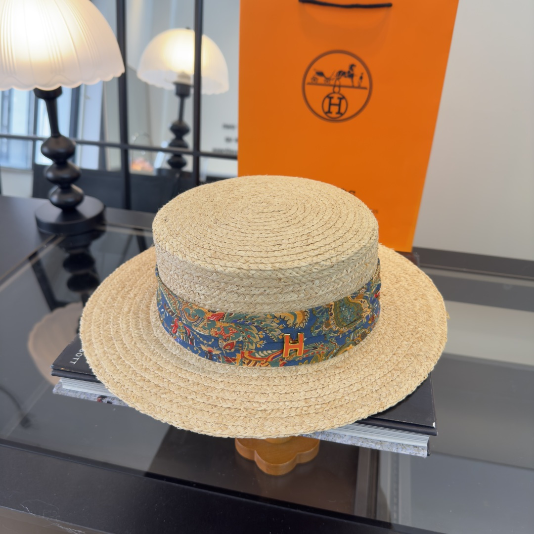 PHERMES爱马仕新款平顶礼帽，拉菲草帽，头围57cm