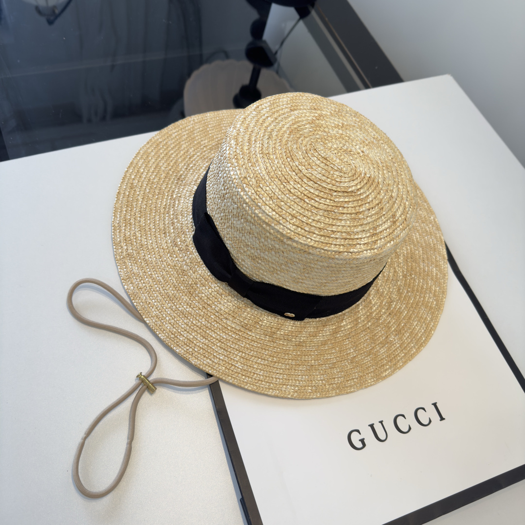 PGucci古奇平顶麦秆草礼帽。高级定制