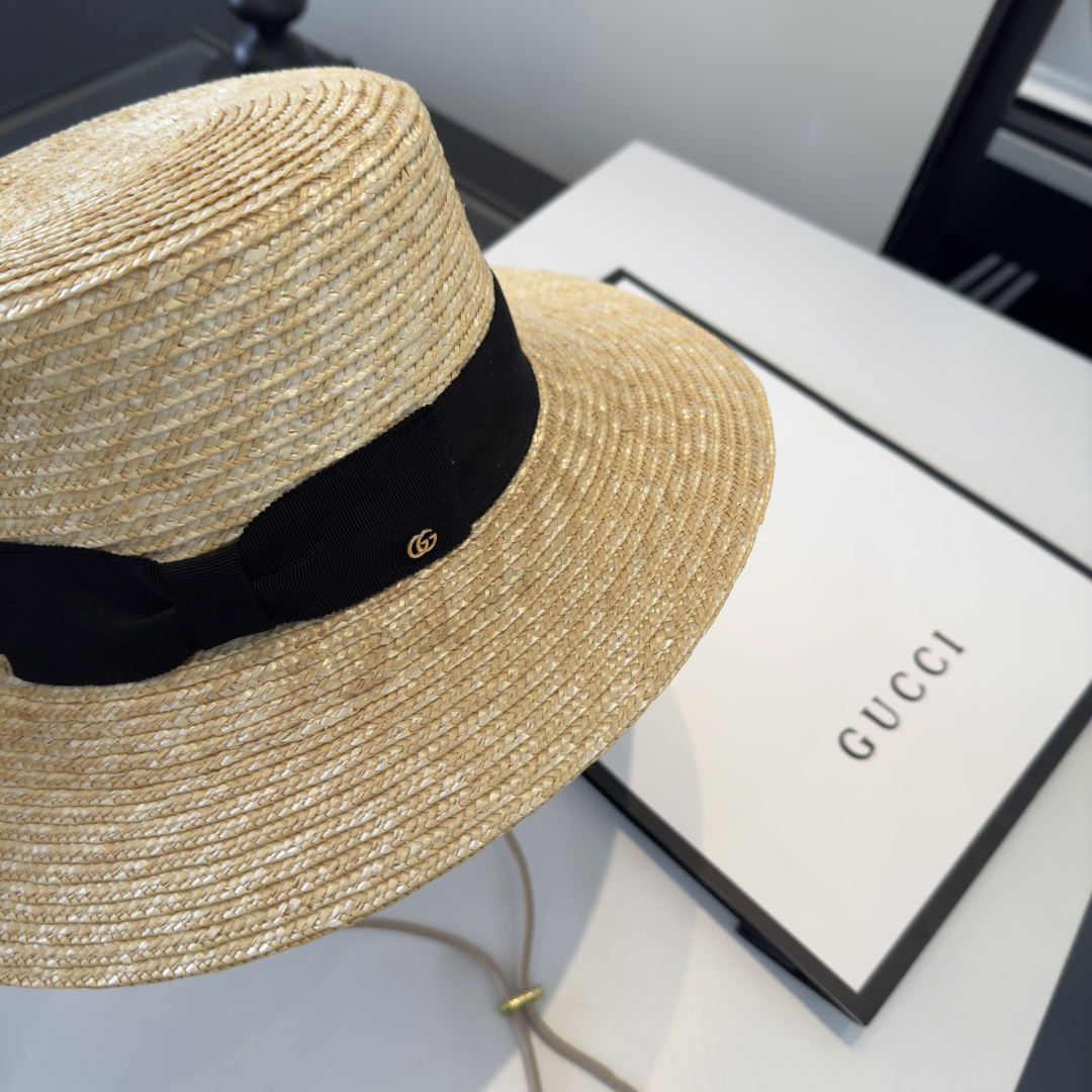 PGucci古奇平顶麦秆草礼帽。高级定制