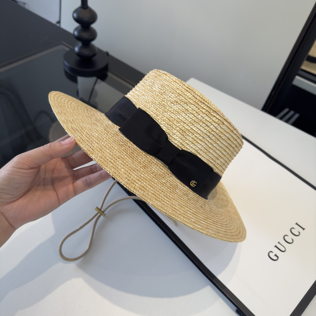 PGucci古奇平顶麦秆草礼帽。高级定制