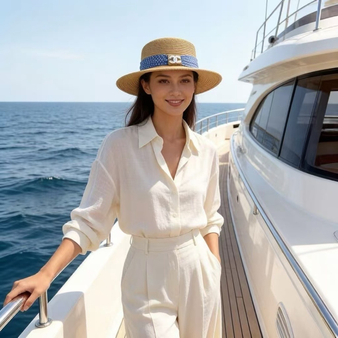 PChanel香奈儿新款平顶草帽，夏季出游沙滩必备！