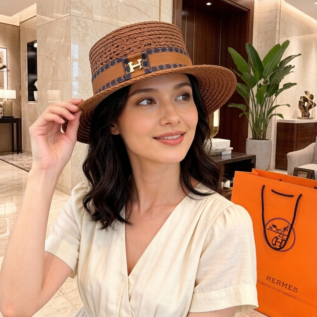 Hermès 爱马仕HERMES拉菲草平顶礼帽，头围57cm