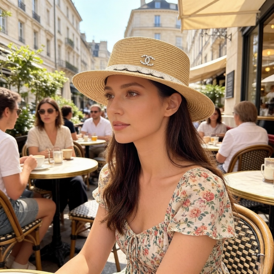 Chanel Chanel香奈儿平顶草帽，细草制作，头围57cm