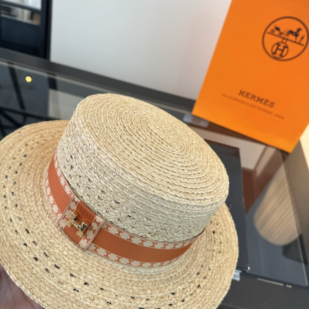 Hermès 爱马仕HERMES拉菲草平顶礼帽，头围57cm
