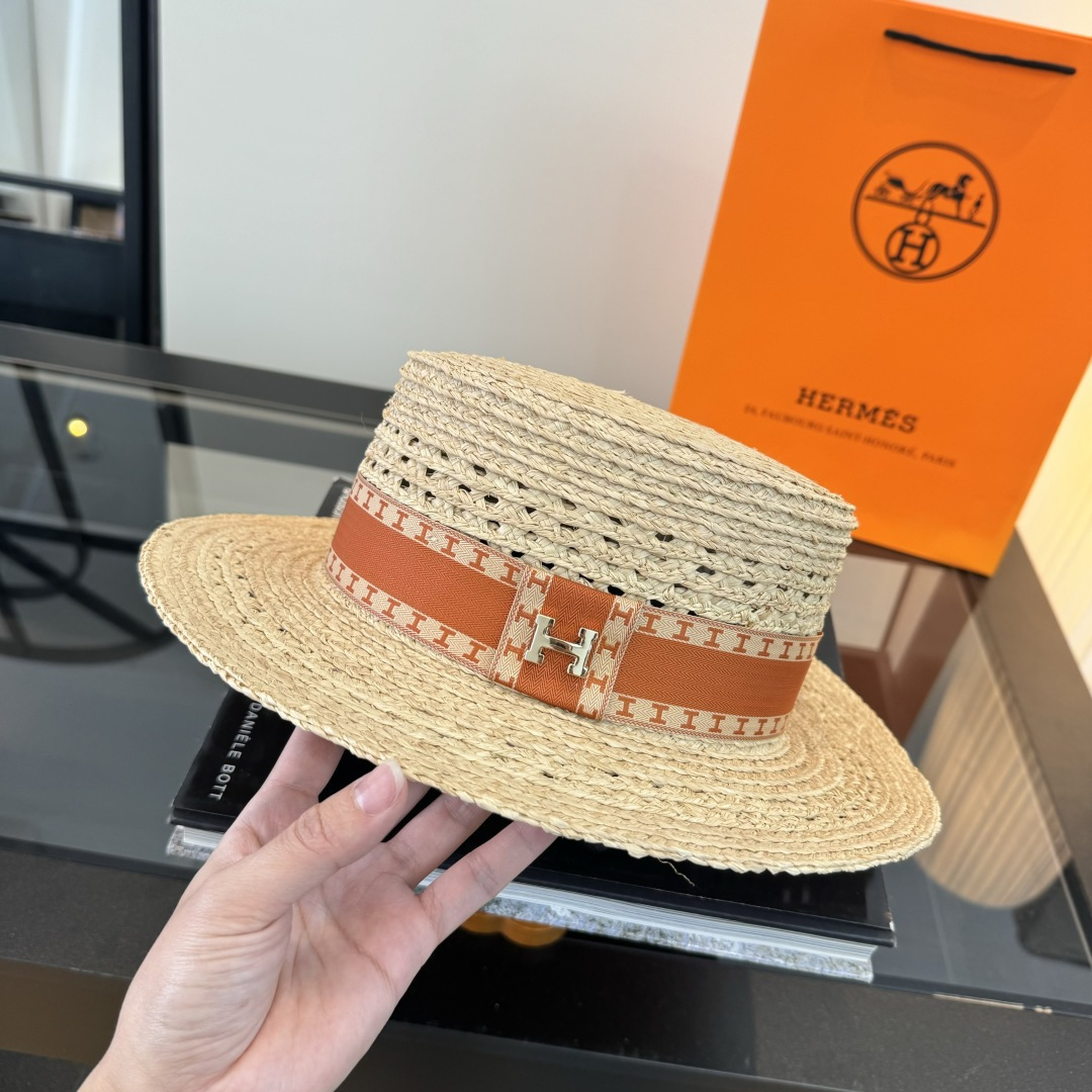 Hermès 爱马仕HERMES拉菲草平顶礼帽，头围57cm