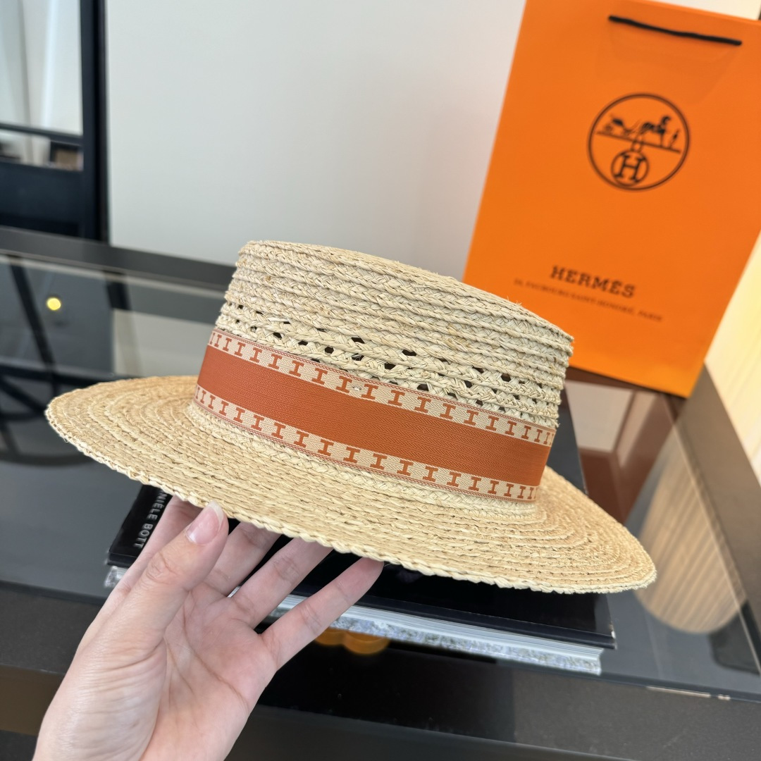 Hermès 爱马仕HERMES拉菲草平顶礼帽，头围57cm