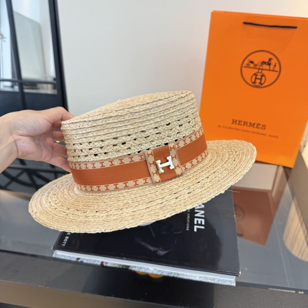 Hermès 爱马仕HERMES拉菲草平顶礼帽，头围57cm