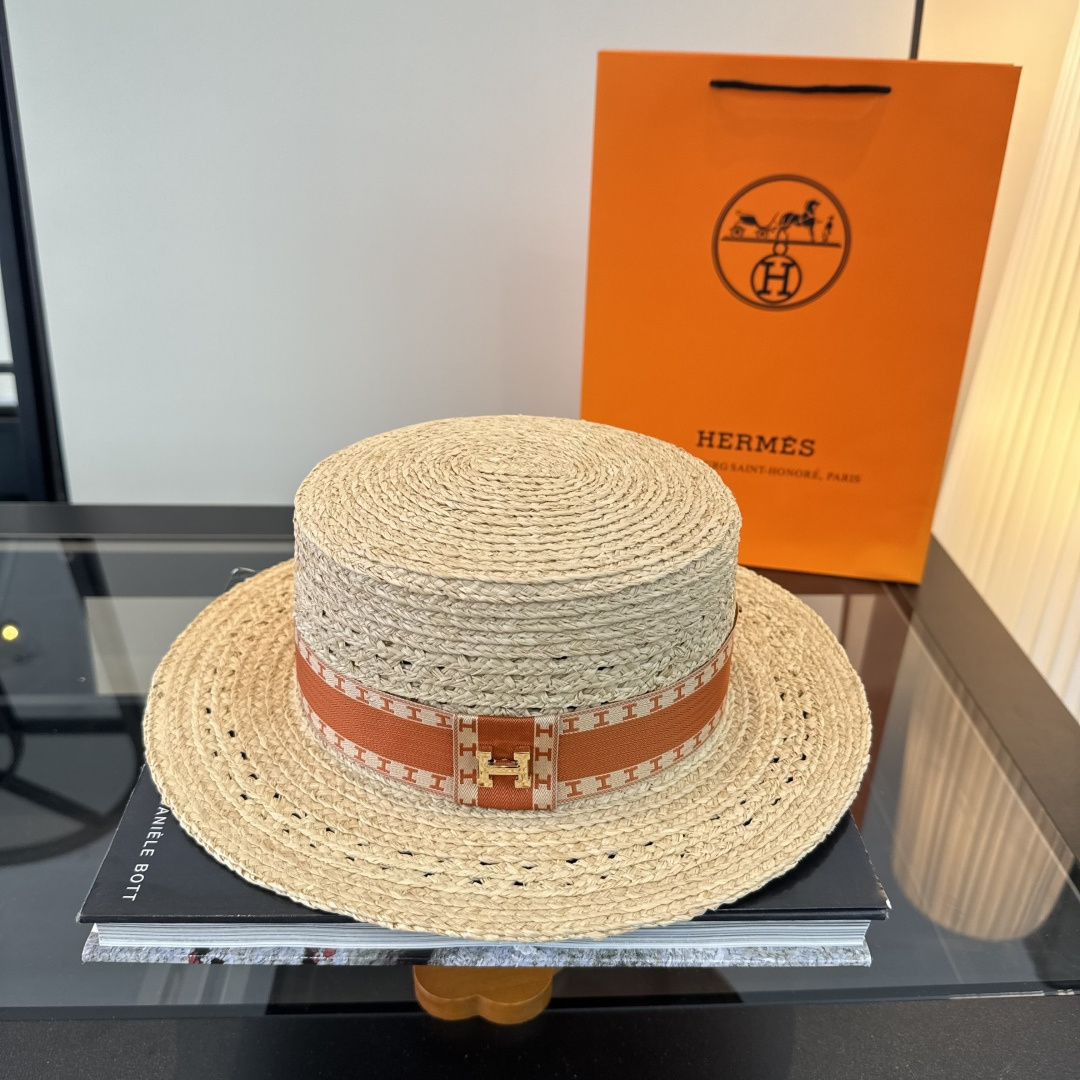 Hermès 爱马仕HERMES拉菲草平顶礼帽，头围57cm