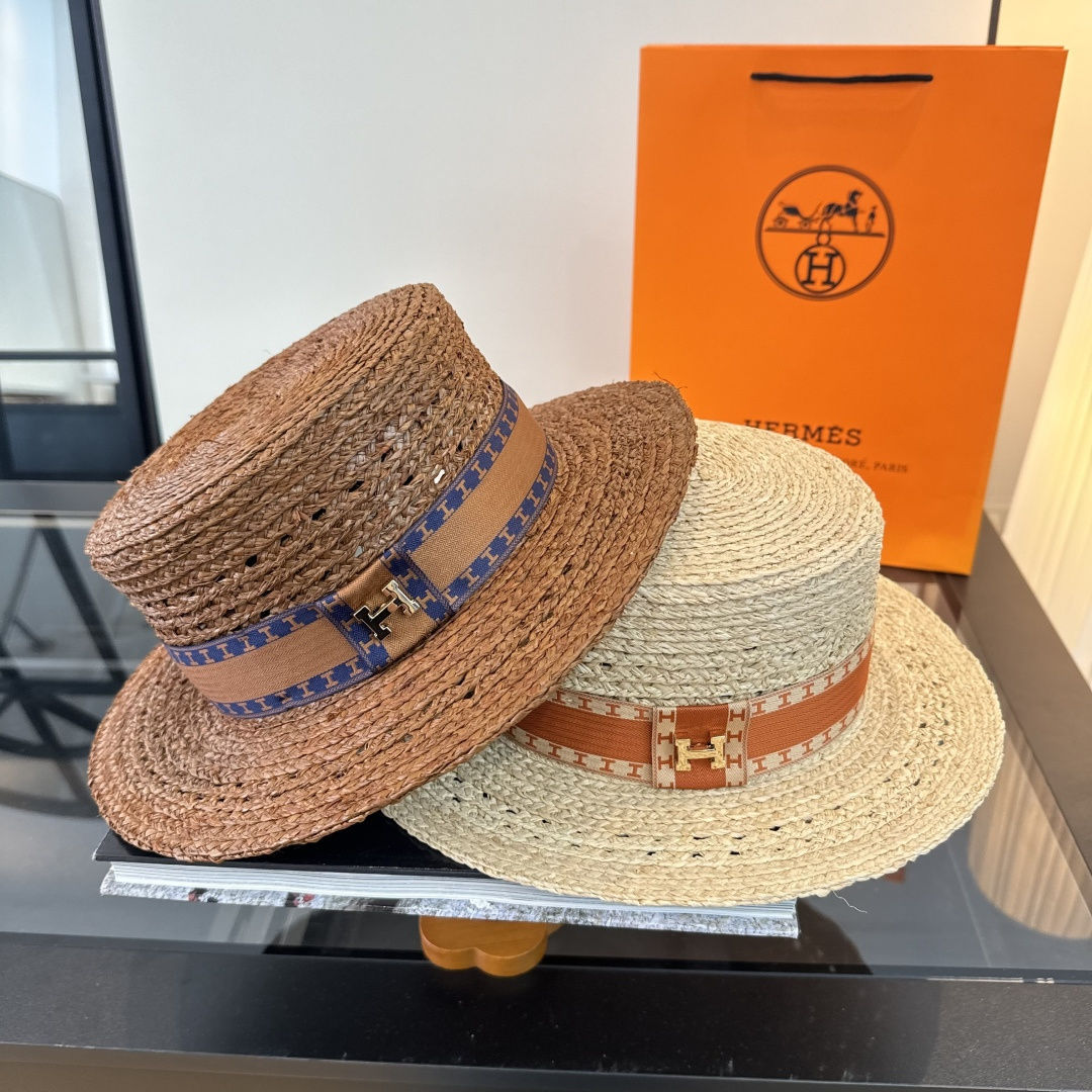 Hermès 爱马仕HERMES拉菲草平顶礼帽，头围57cm