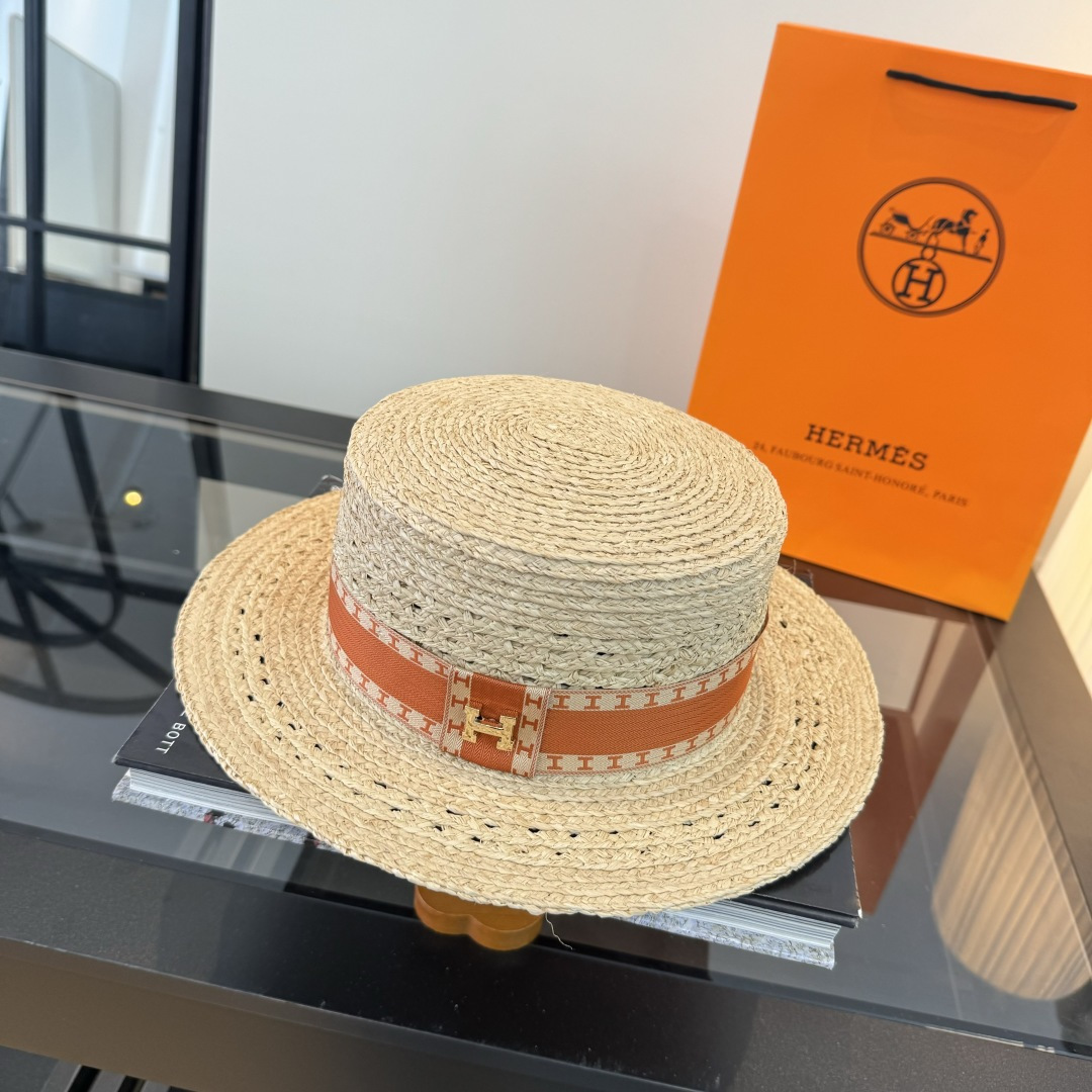 Hermès 爱马仕HERMES拉菲草平顶礼帽，头围57cm