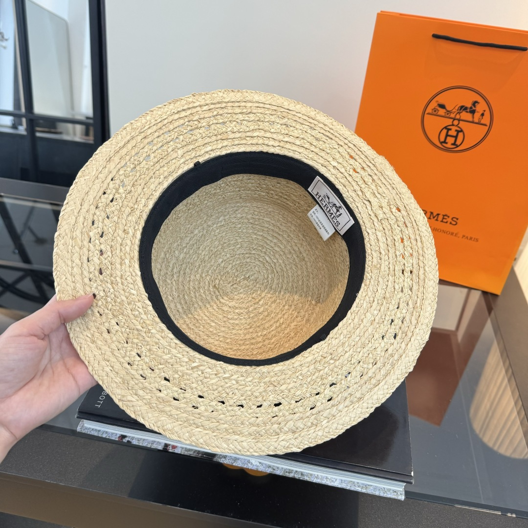 Hermès 爱马仕HERMES拉菲草平顶礼帽，头围57cm