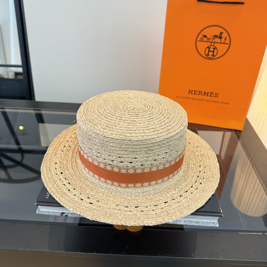 Hermès 爱马仕HERMES拉菲草平顶礼帽，头围57cm