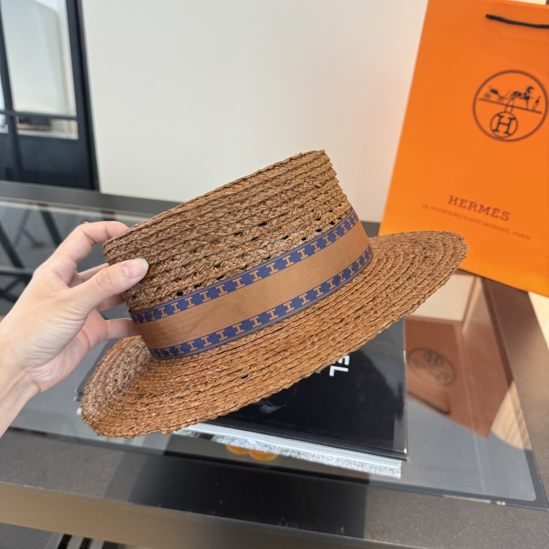 Hermès 爱马仕HERMES拉菲草平顶礼帽，头围57cm