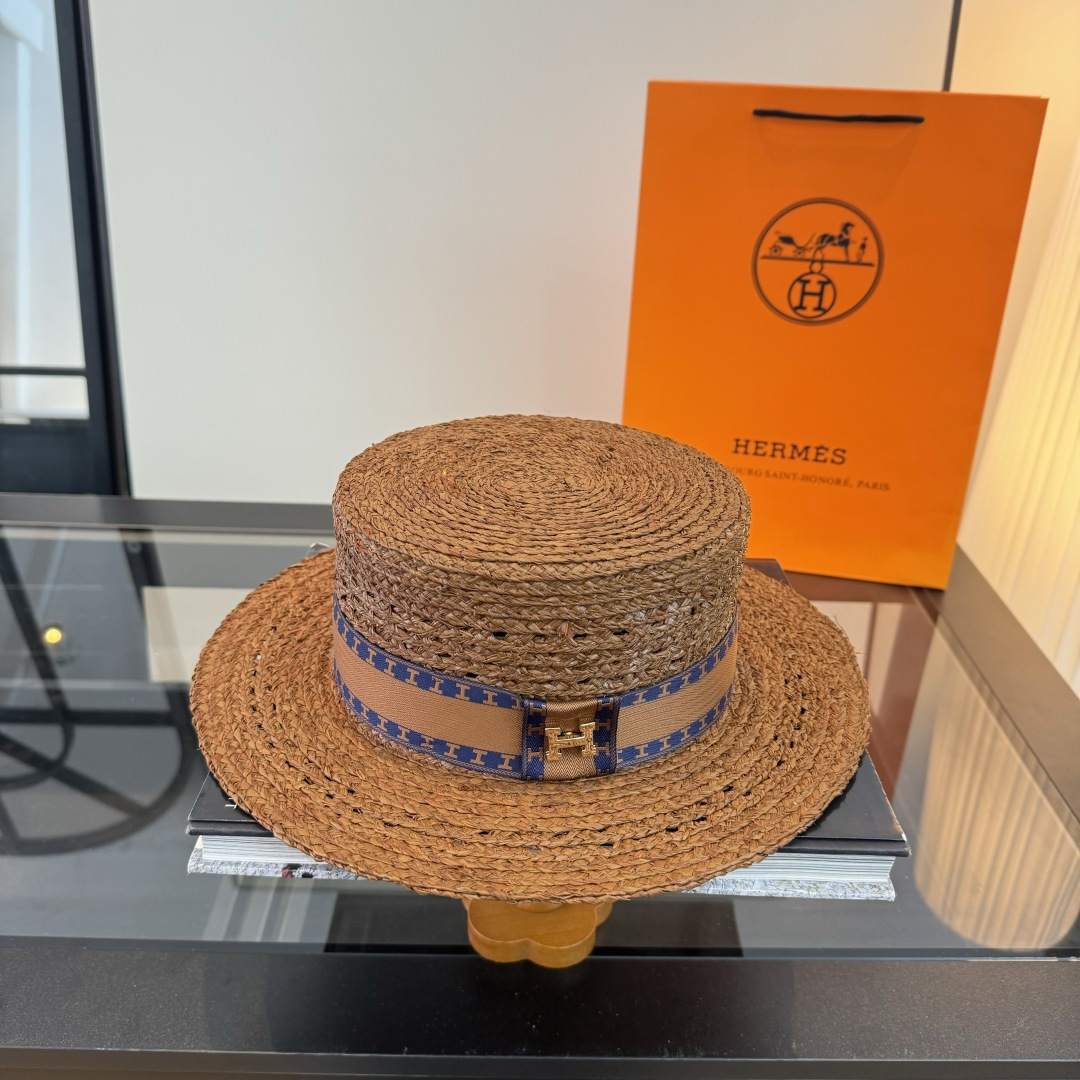 Hermès 爱马仕HERMES拉菲草平顶礼帽，头围57cm