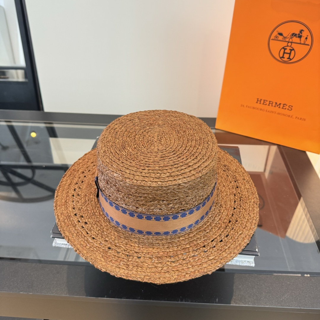 Hermès 爱马仕HERMES拉菲草平顶礼帽，头围57cm
