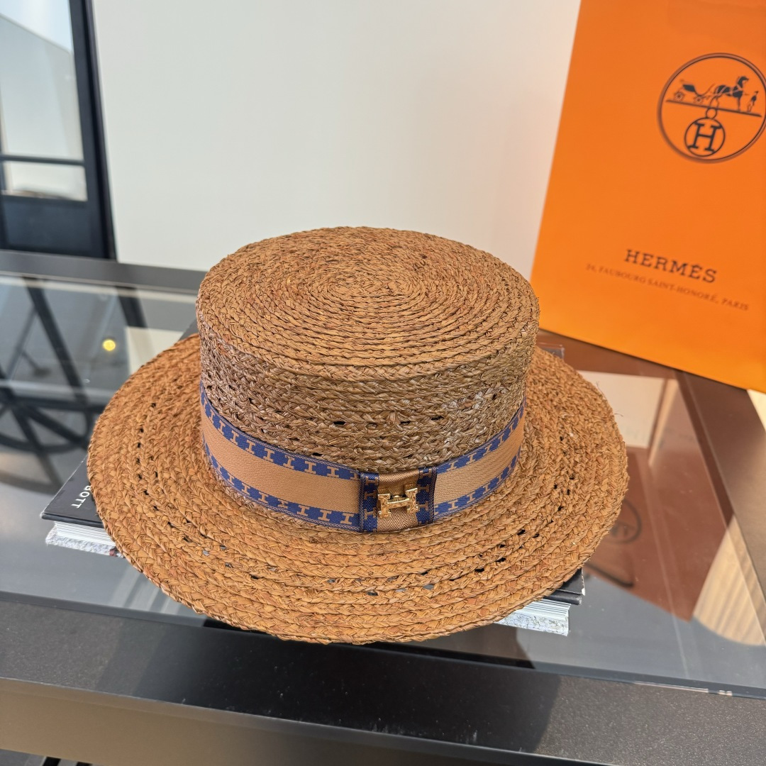 Hermès 爱马仕HERMES拉菲草平顶礼帽，头围57cm