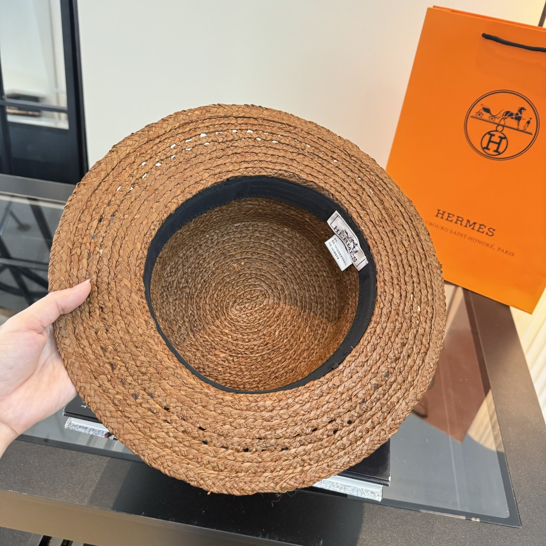 Hermès 爱马仕HERMES拉菲草平顶礼帽，头围57cm