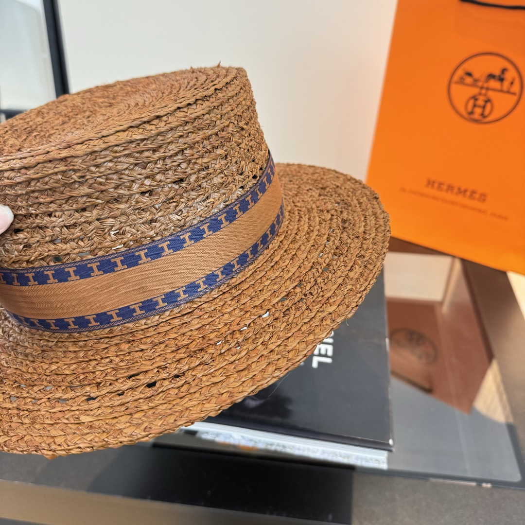 Hermès 爱马仕HERMES拉菲草平顶礼帽，头围57cm