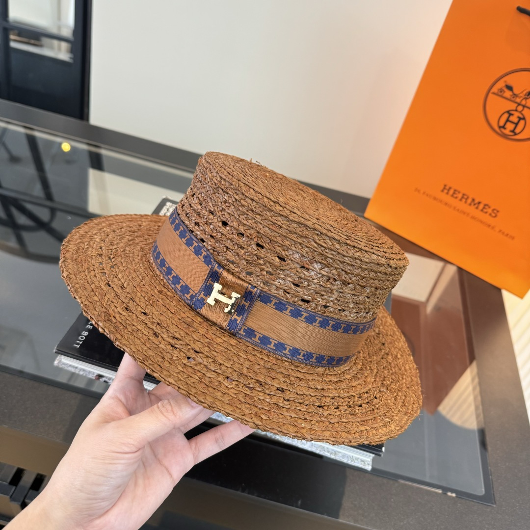 Hermès 爱马仕HERMES拉菲草平顶礼帽，头围57cm