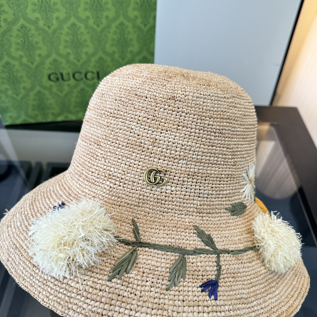 Gucci Gucci古奇拉菲草盆帽，纯手工钩织，可折叠，头围57cm