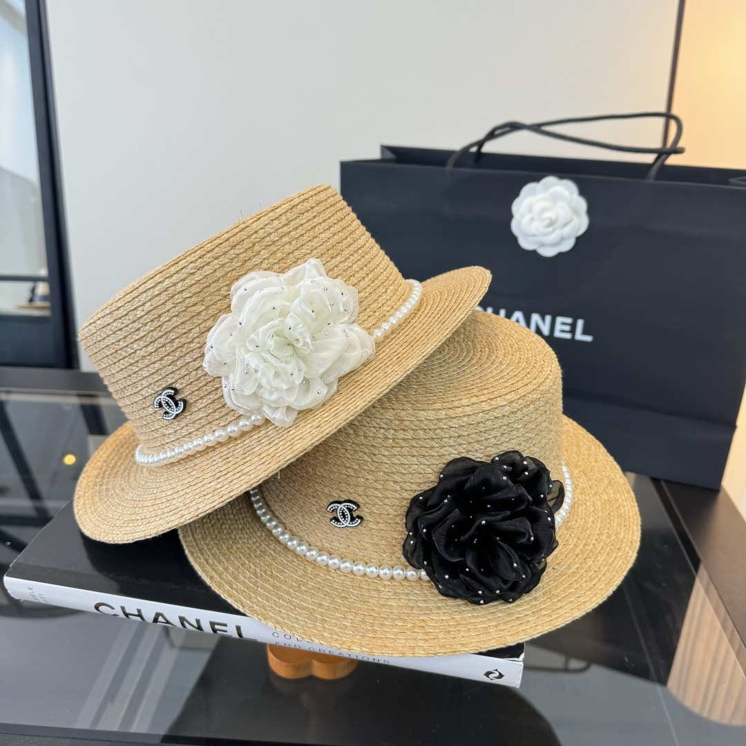 Chanel Chanel香奈儿平顶拉菲草帽，头围57cm