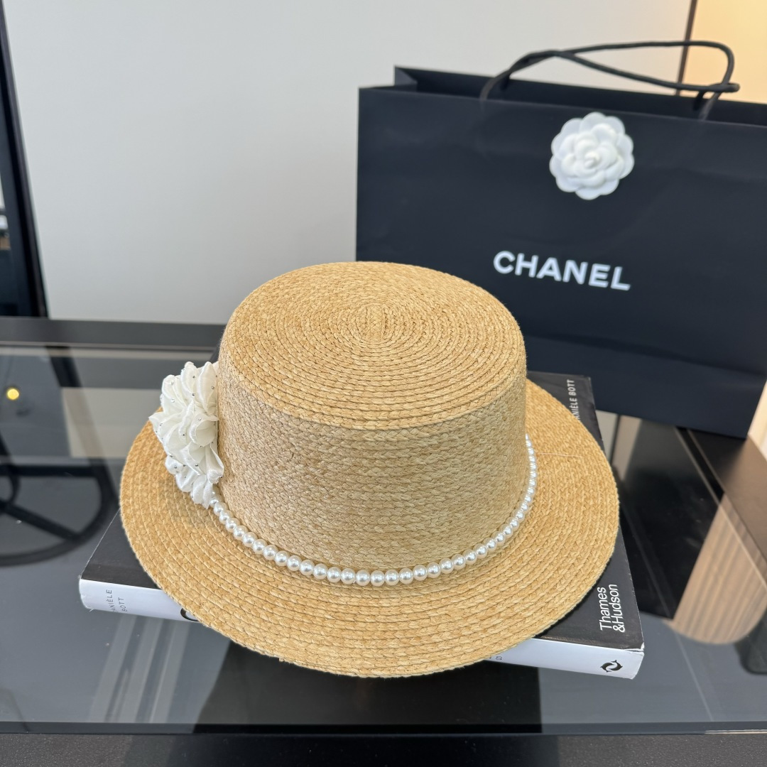 Chanel Chanel香奈儿平顶拉菲草帽，头围57cm