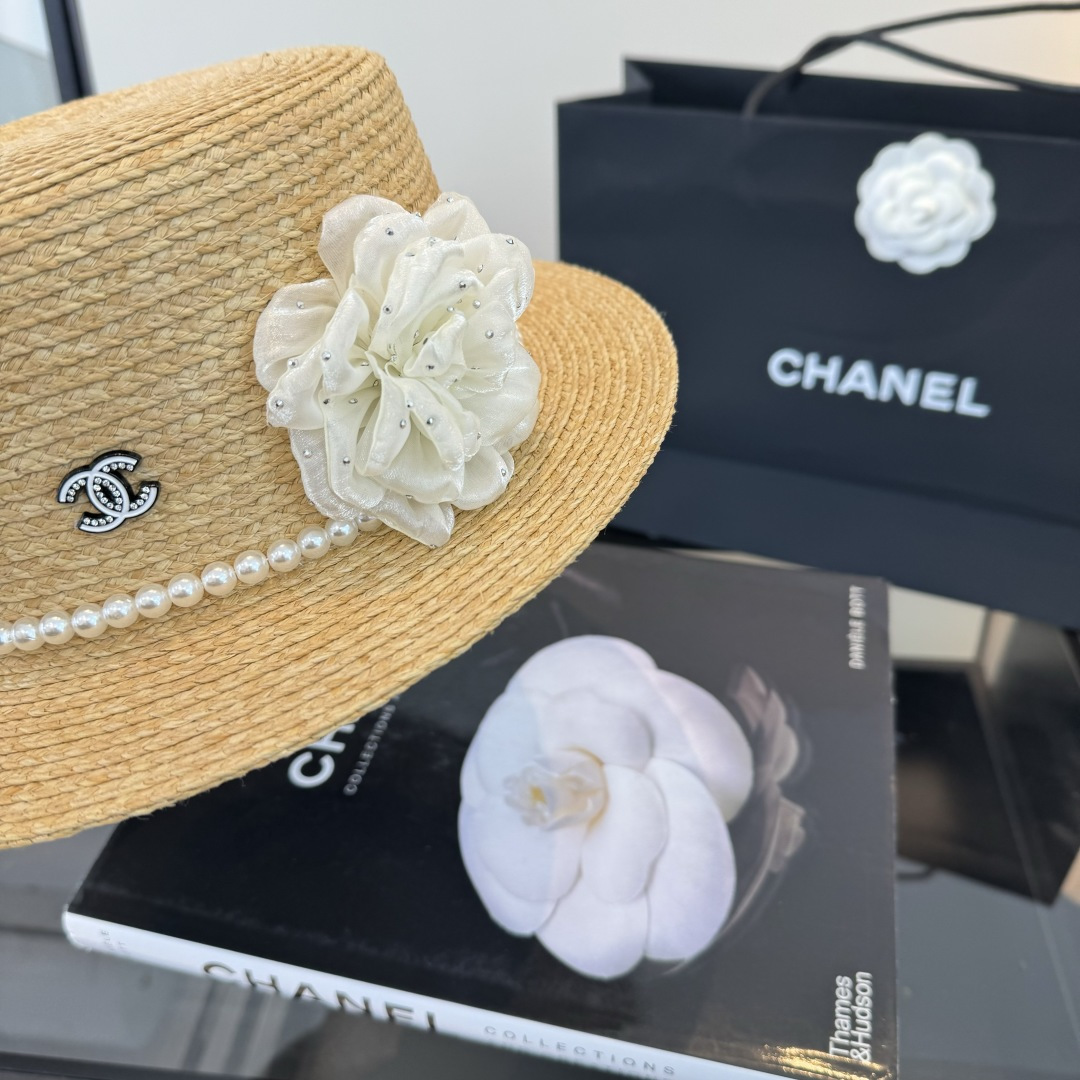 Chanel Chanel香奈儿平顶拉菲草帽，头围57cm