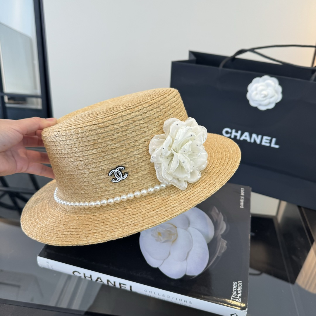 Chanel Chanel香奈儿平顶拉菲草帽，头围57cm