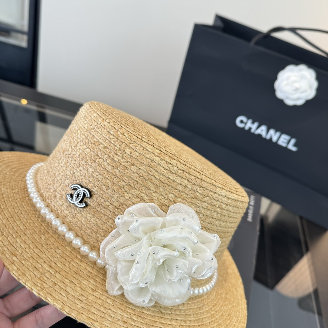 Chanel Chanel香奈儿平顶拉菲草帽，头围57cm