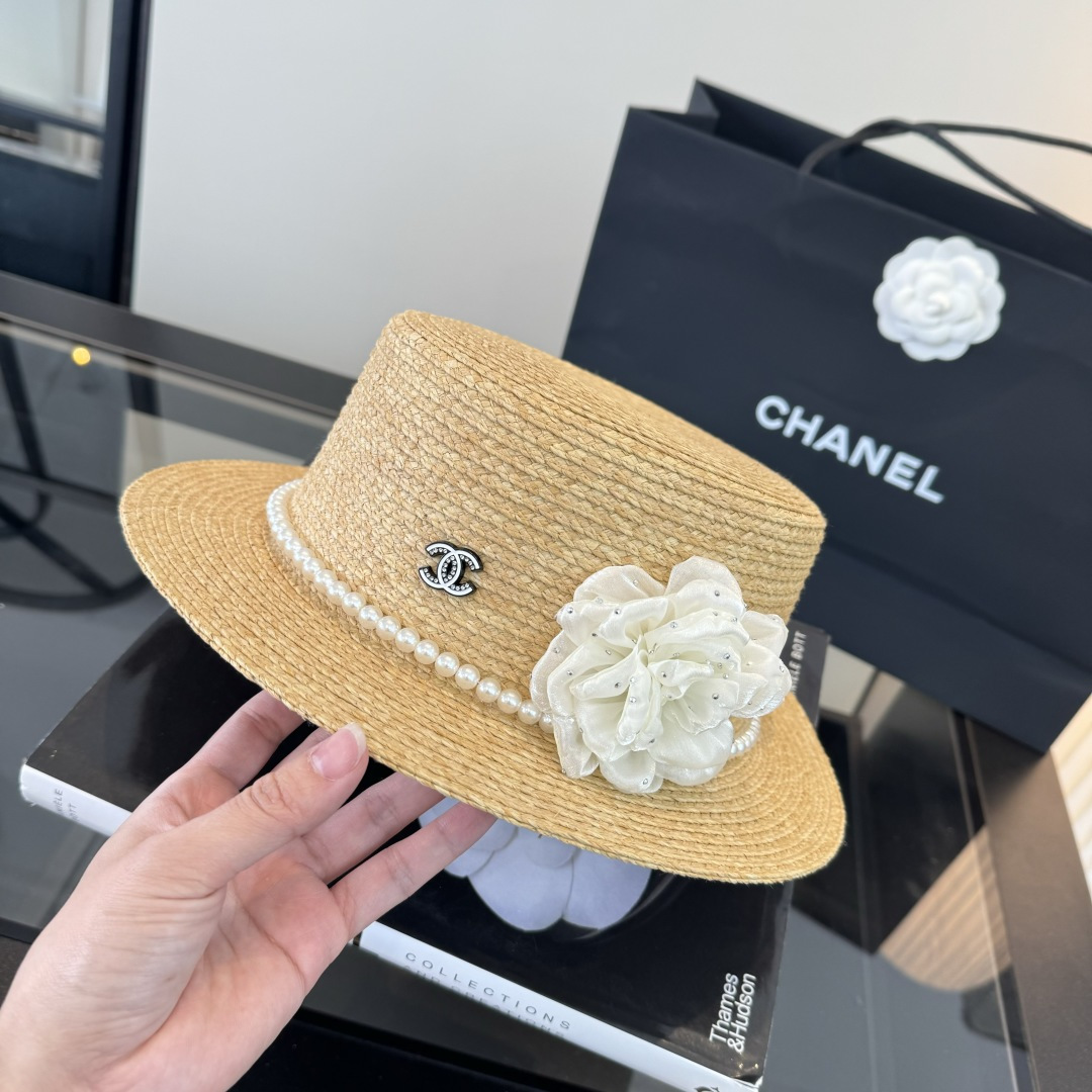 Chanel Chanel香奈儿平顶拉菲草帽，头围57cm