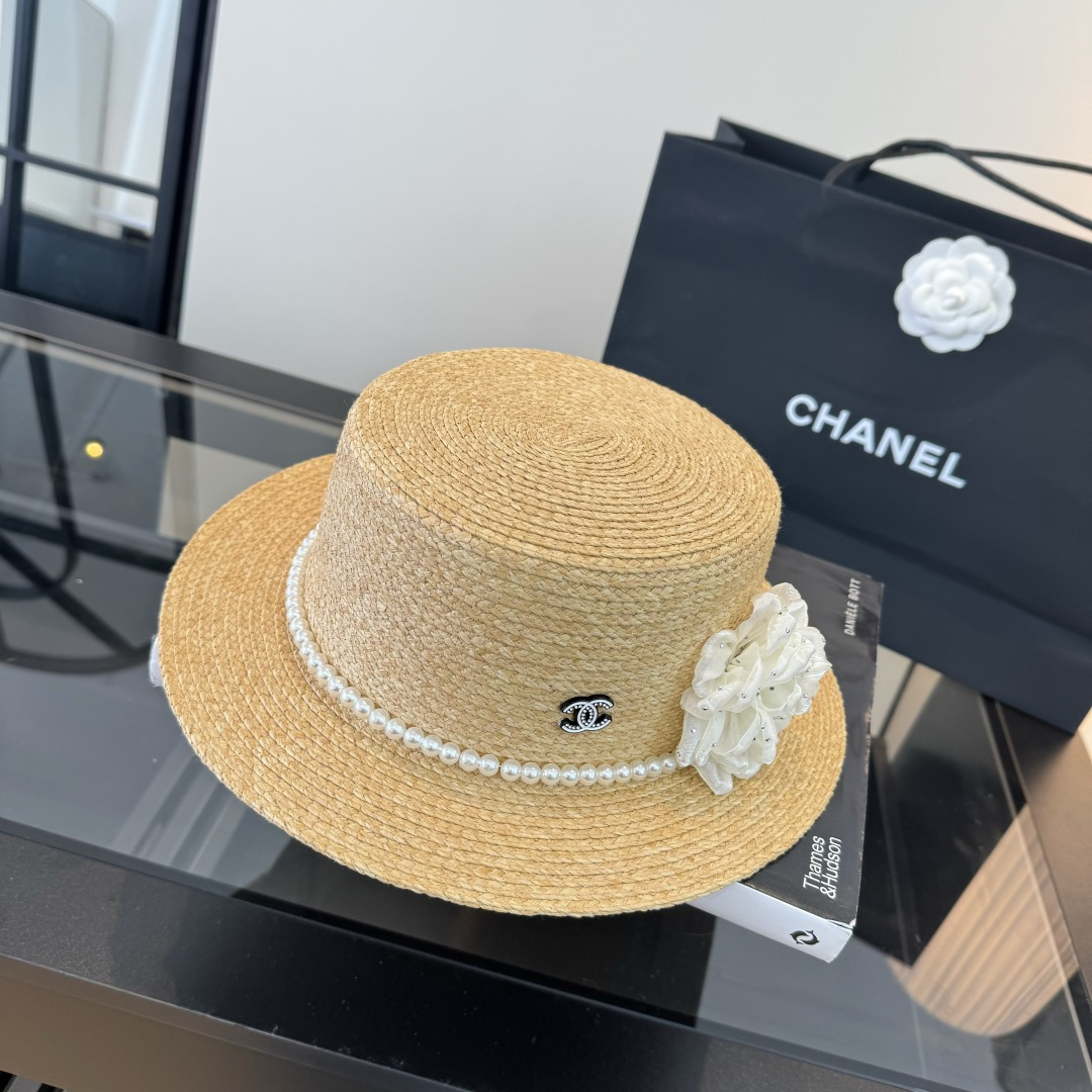 Chanel Chanel香奈儿平顶拉菲草帽，头围57cm