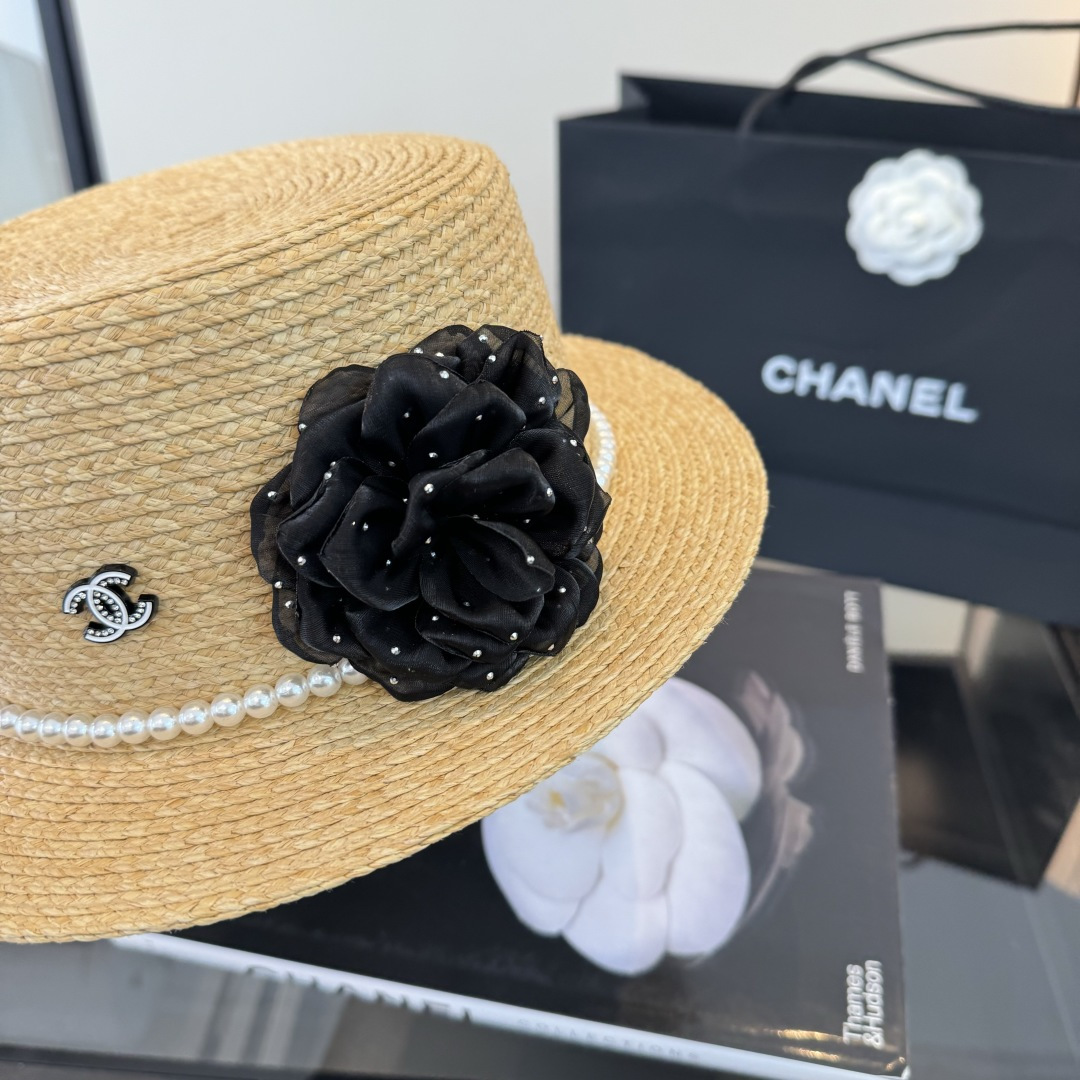 Chanel Chanel香奈儿平顶拉菲草帽，头围57cm