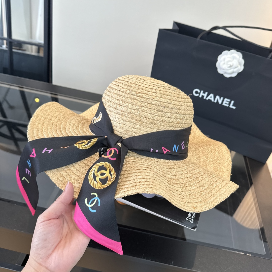 Chanel Chanel香奈儿拉菲草帽，波浪边遮阳帽，头围57cm