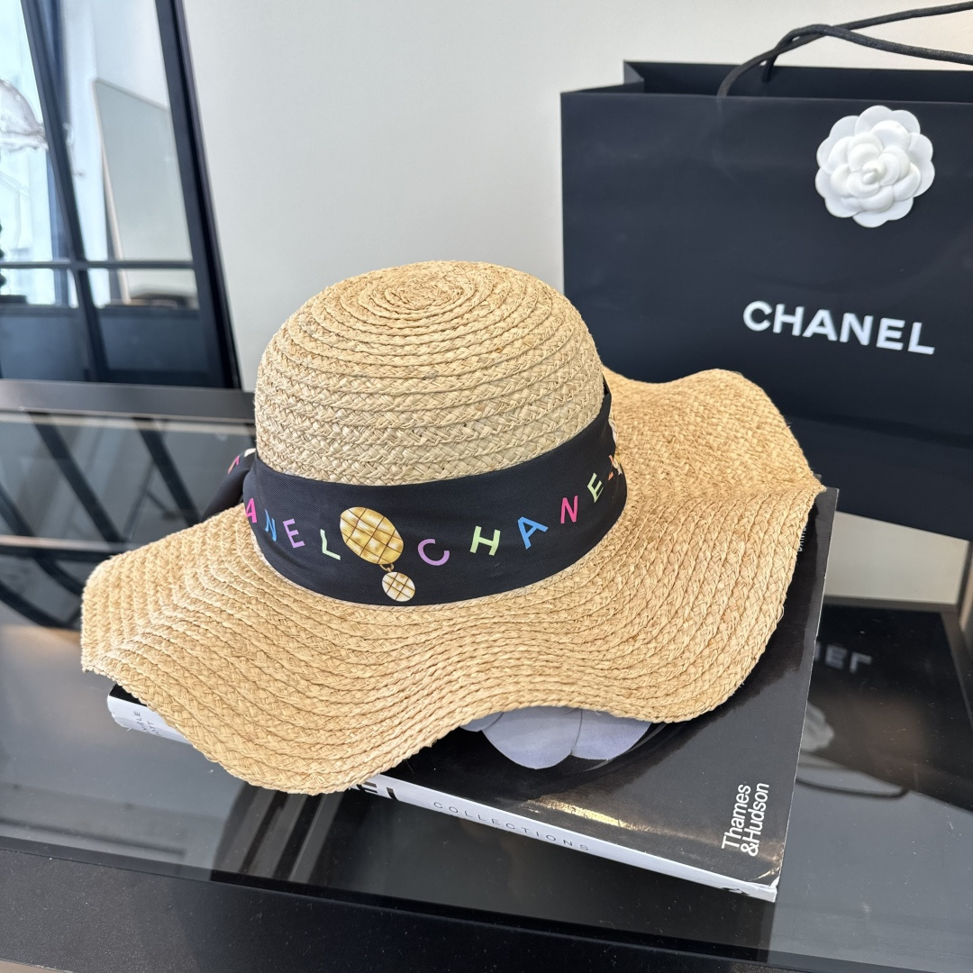 Chanel Chanel香奈儿拉菲草帽，波浪边遮阳帽，头围57cm