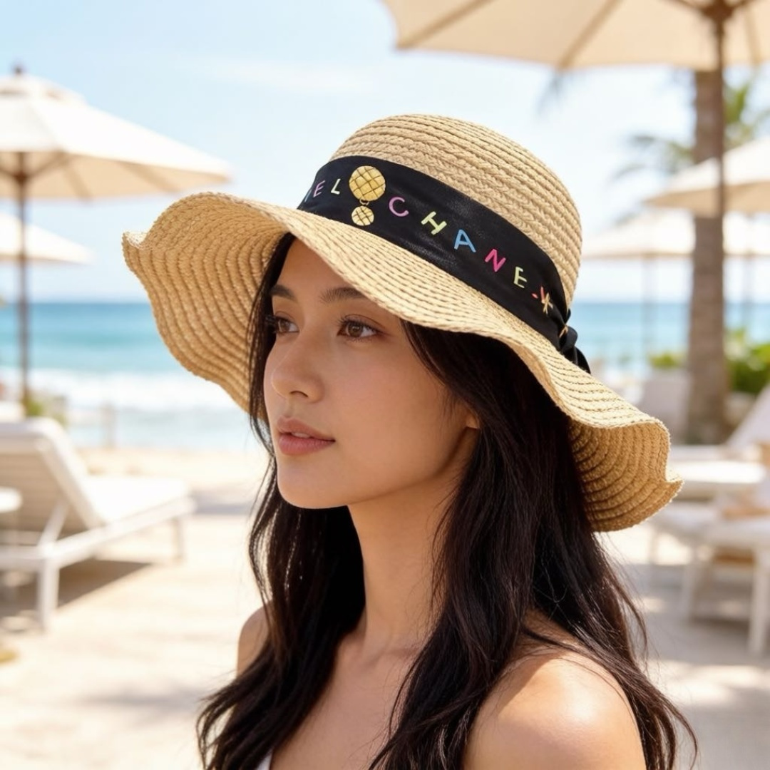 Chanel Chanel香奈儿拉菲草帽，波浪边遮阳帽，头围57cm