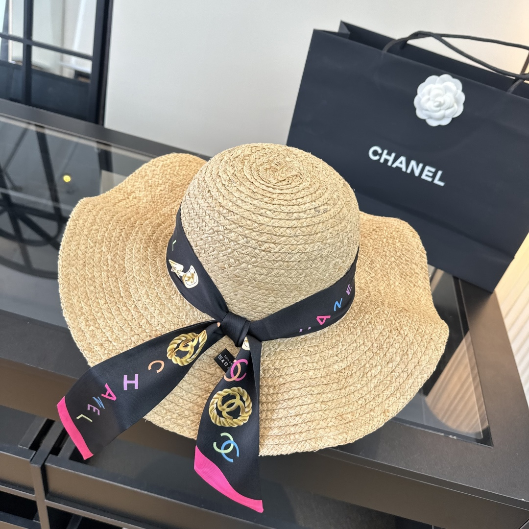 Chanel Chanel香奈儿拉菲草帽，波浪边遮阳帽，头围57cm